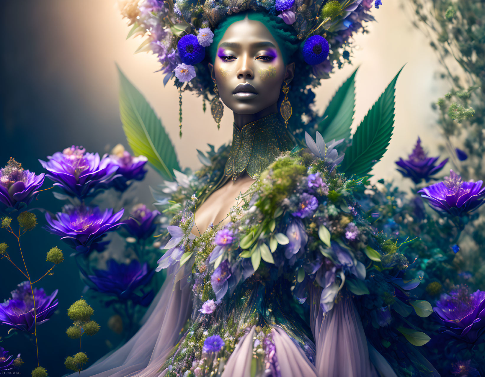 Regal woman in floral crown and nature-inspired dress.