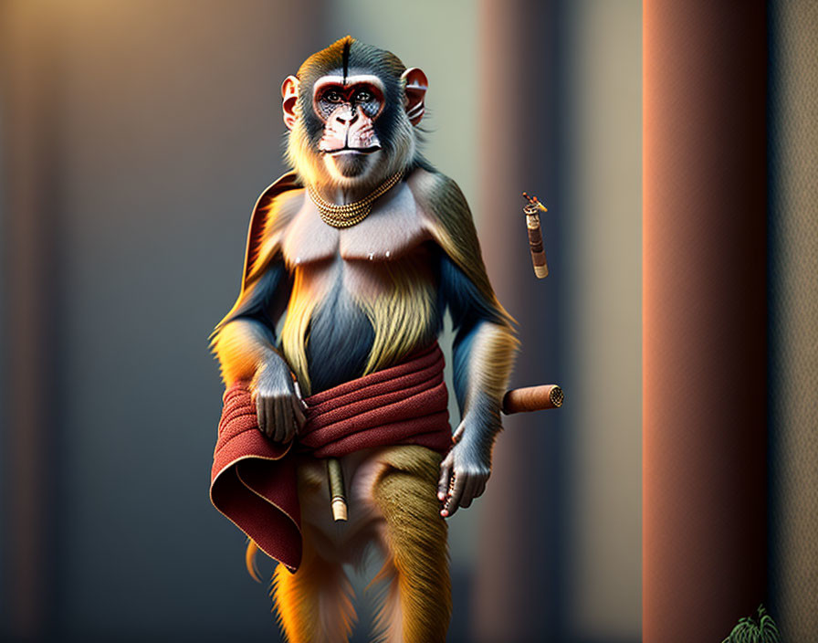 Stylized monkey illustration with jewelry, hose, and cigar.