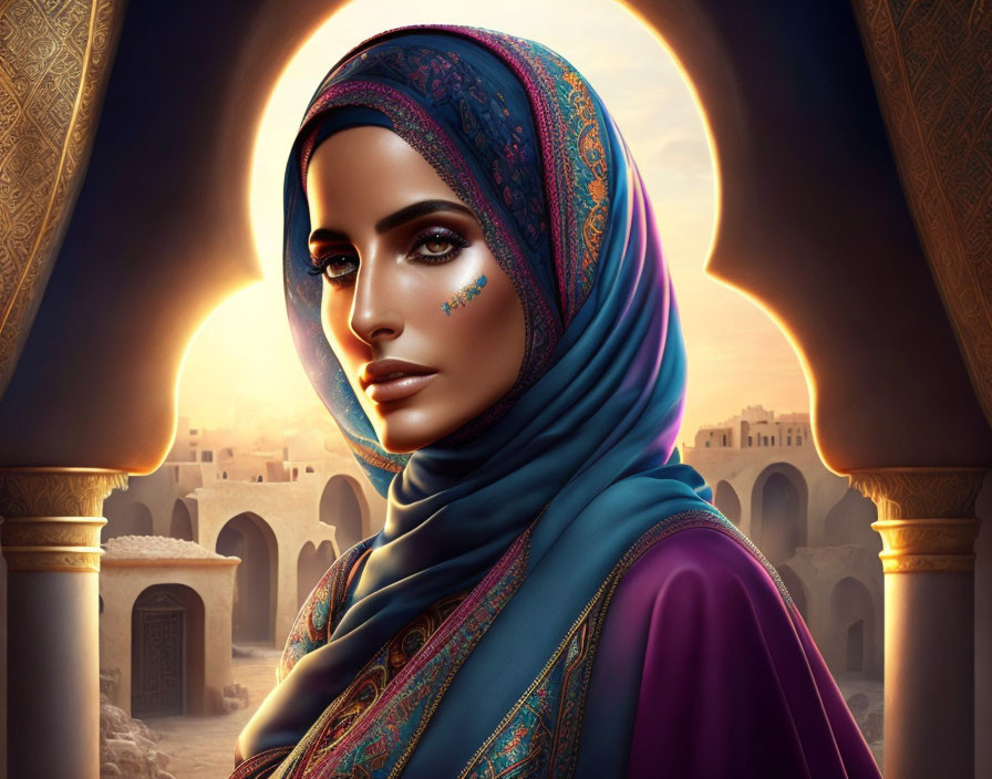 Colorful headscarf and jewelry on woman in desert cityscape at sunset