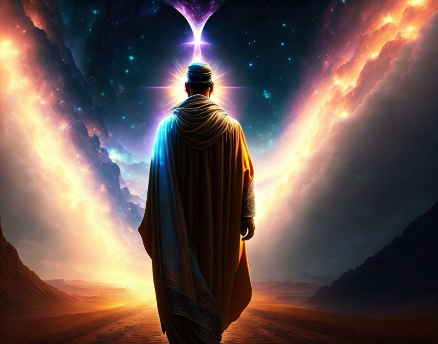 Robed Figure at Cosmic Gateway with Nebulae Merge in Desert Landscape