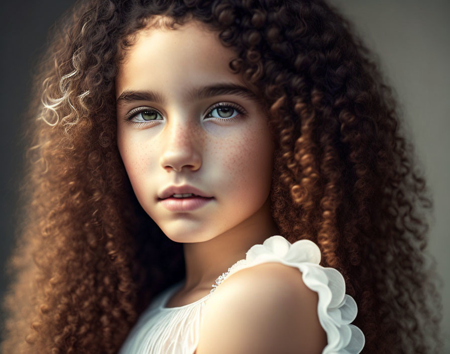 Curly-Haired Girl with Freckles in White Ruffled Dress