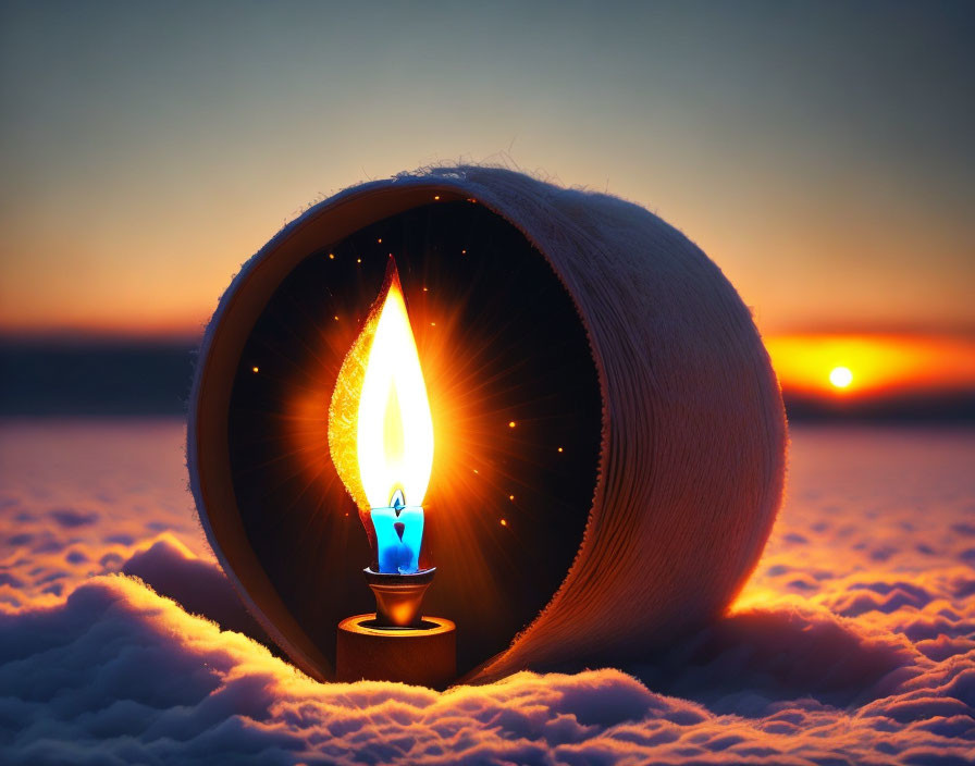 Giant Yarn Ball Unveils Candle in Snowy Sunset Scene