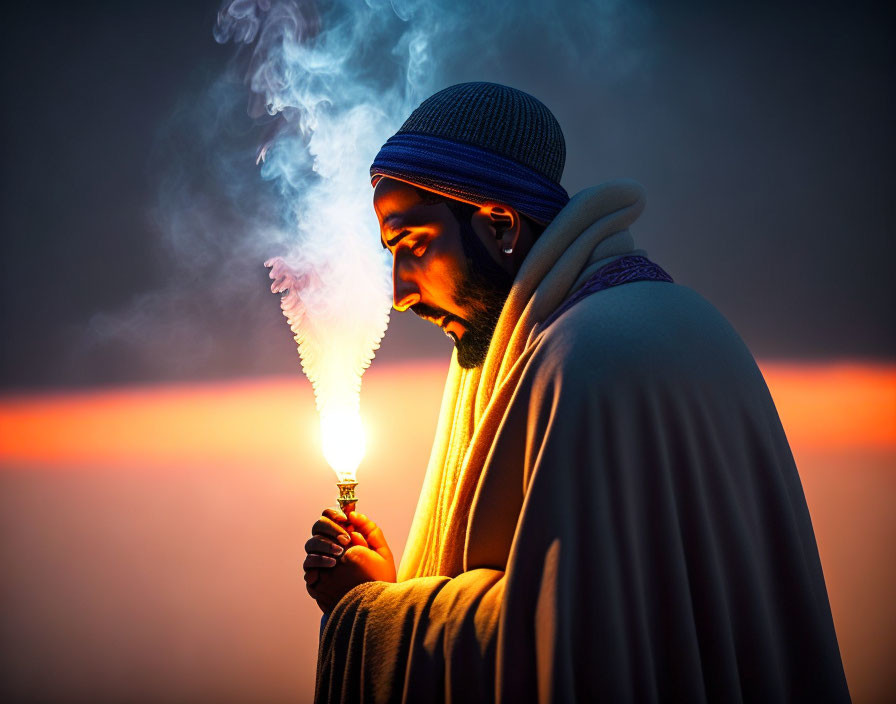 Man in Knit Cap and Shawl Exhales Smoke at Twilight Sky