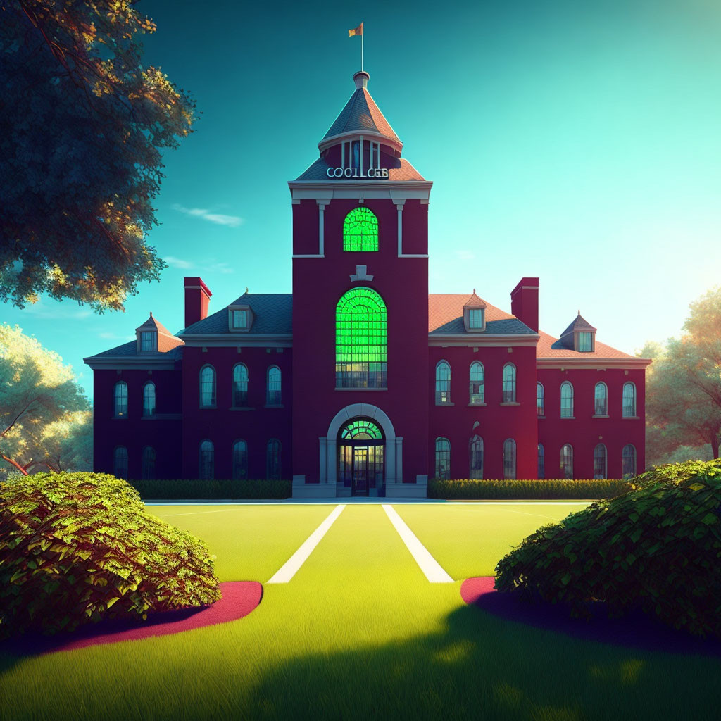 Red Brick Building with Clock Tower in Lush Green Setting