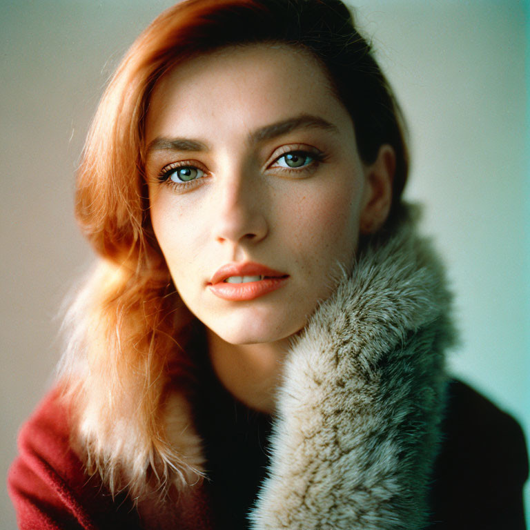 Portrait of woman with auburn hair in red coat with fluffy collar.