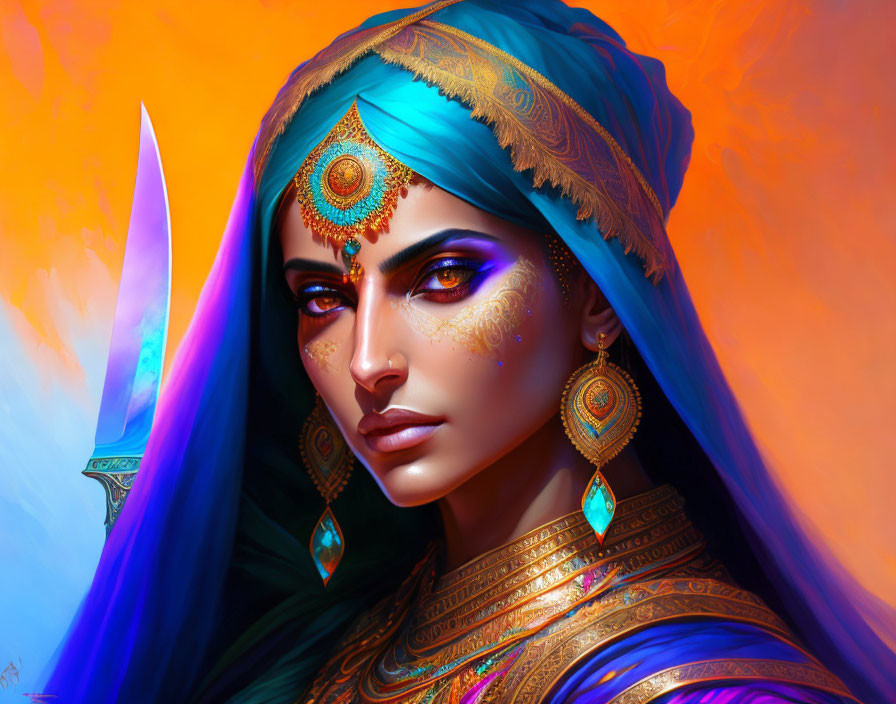 Woman with Blue Headwrap and Glowing Sword on Orange Background