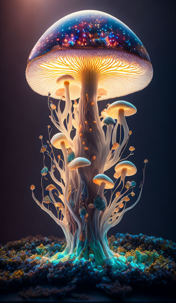 Luminous galaxy-patterned mushroom in dark setting