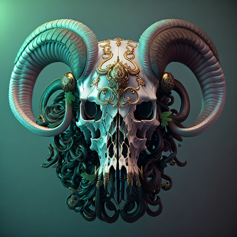 Ornate ram skull with gold filigree and black tendrils on teal background