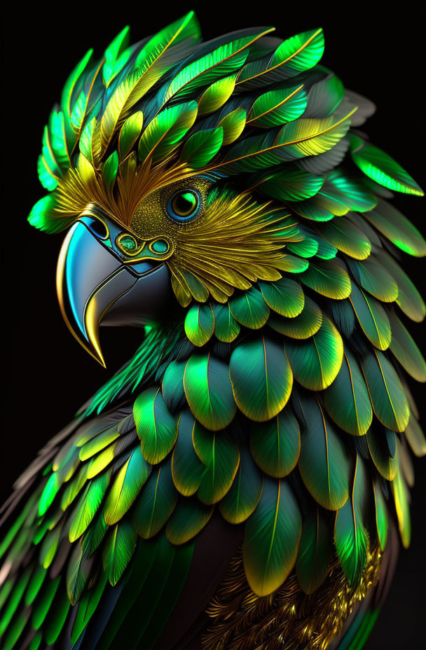 Stylized digital artwork of metallic bird with green and gold feathers