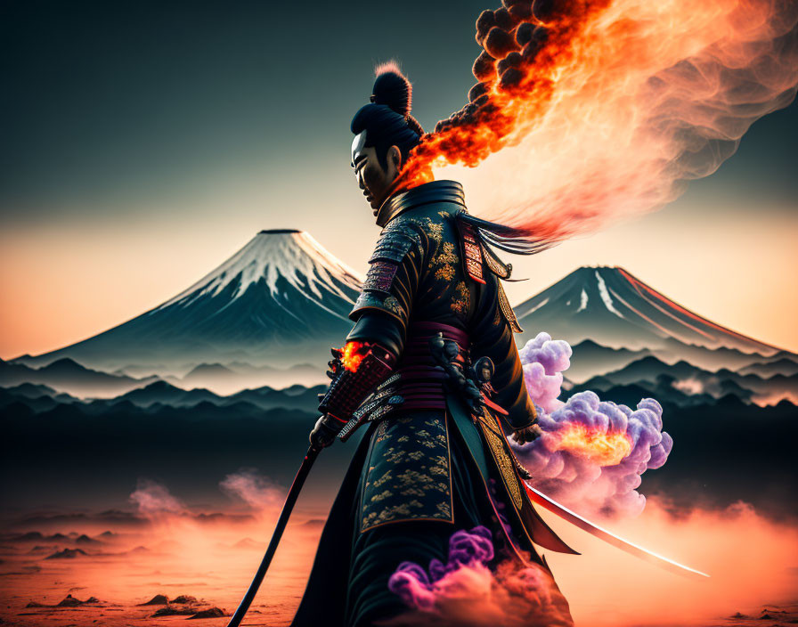 Traditional armored warrior with fiery dragon sword, Mount Fuji dusk backdrop