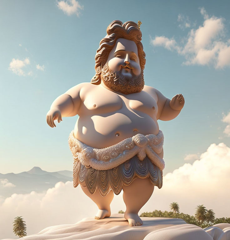 Cheerful animated figure in white and blue toga on cloud against mountain backdrop