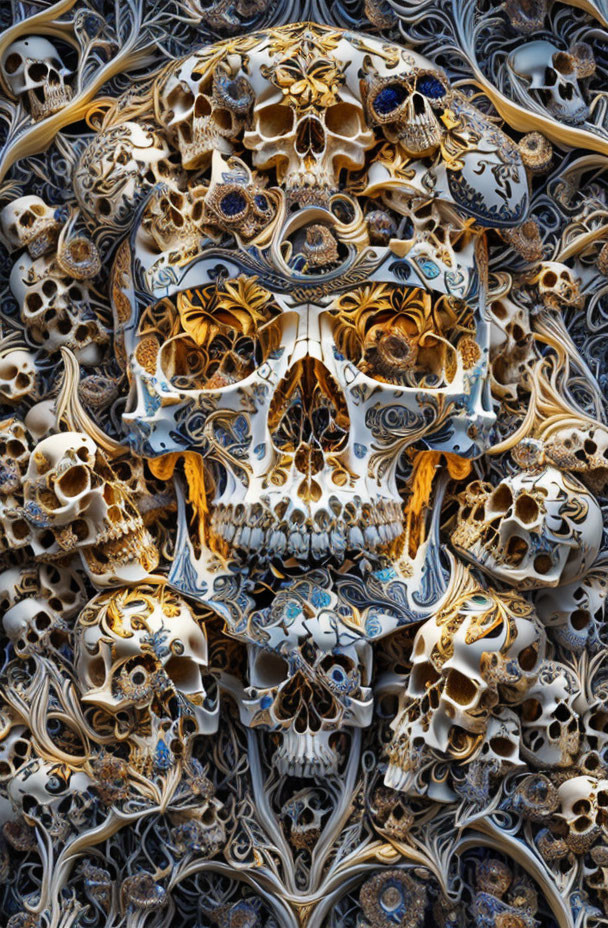 Symmetrical digital art: ornate skull imagery in blue, white, and gold.