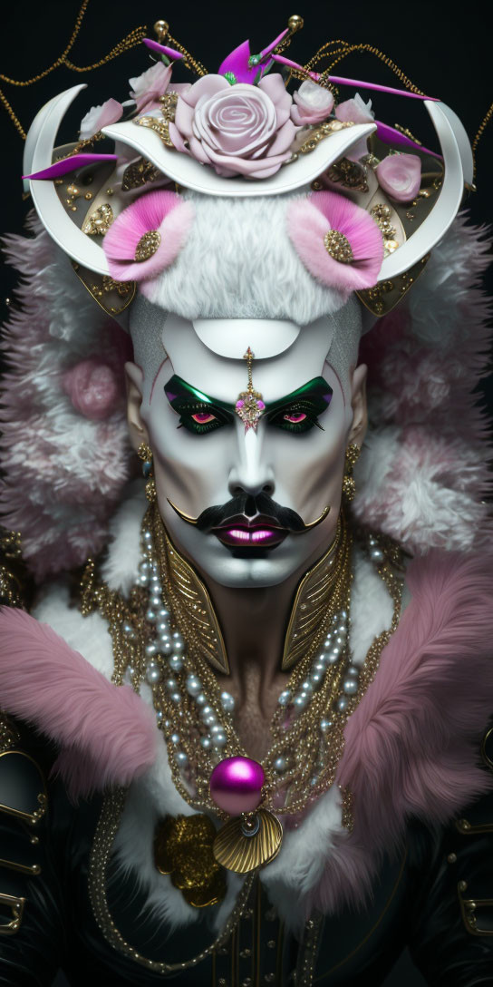 Elaborate White and Pink Costume with Dramatic Makeup