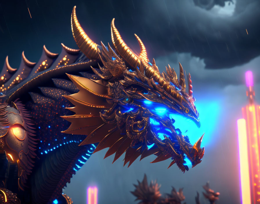 Metallic dragon with golden horns and blue glowing eyes in stormy backdrop