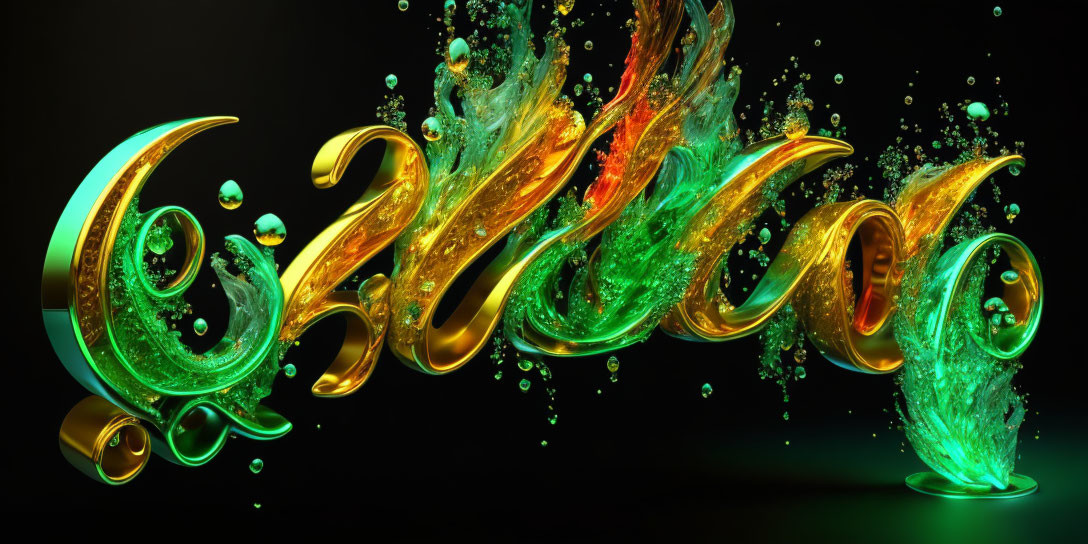 Vibrant liquid calligraphy splash on dark background