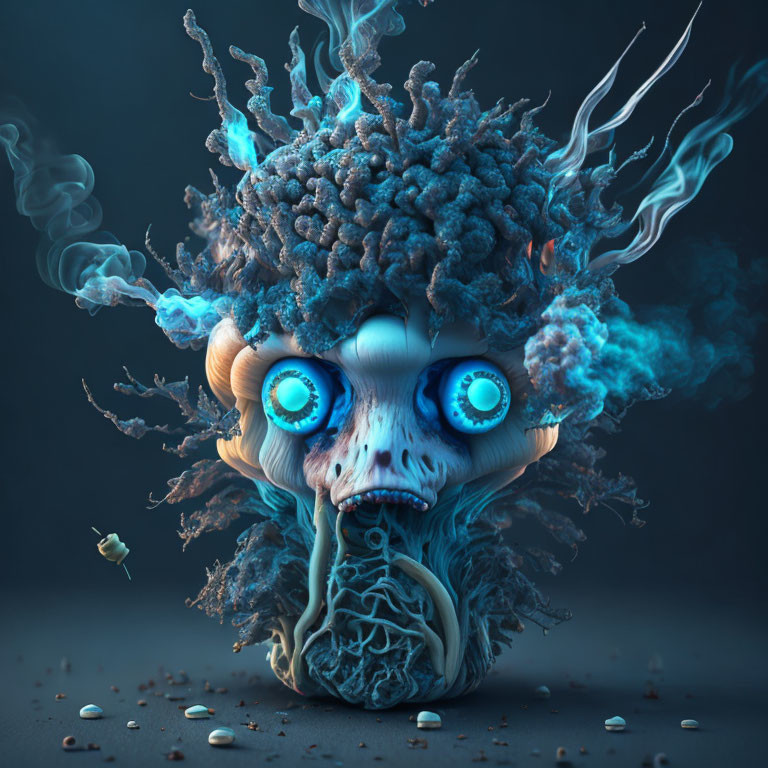 Fantastical 3D creature with blue eyes and smoke tendrils.