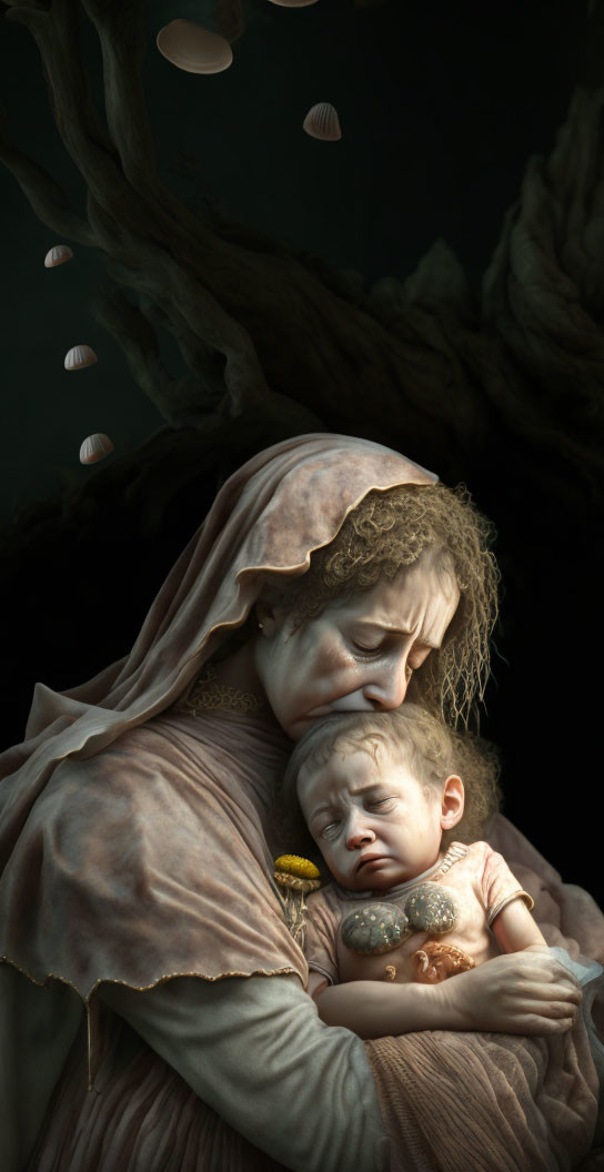 Sculpture of sorrowful mother comforting crying child in dark setting