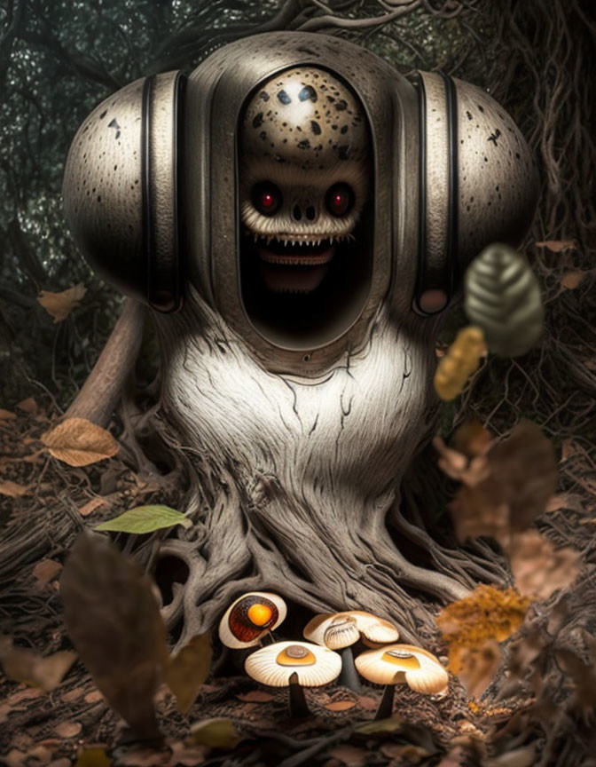 Sinister figure with metal helmet, glowing eyes, sharp teeth in forest setting.