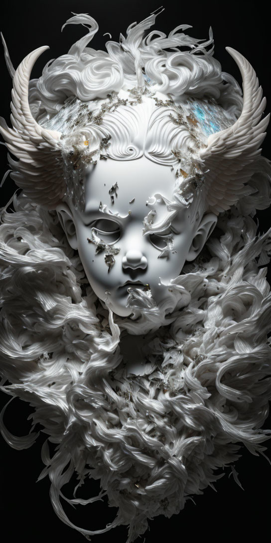 Intricate white designs on mask with feather-like embellishments