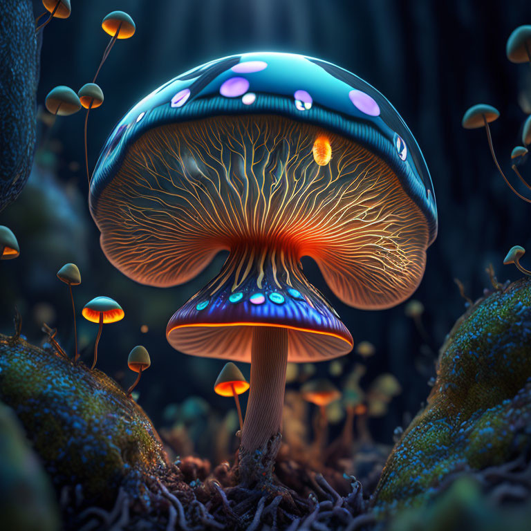 Intricate glowing mushroom in dark forest landscape