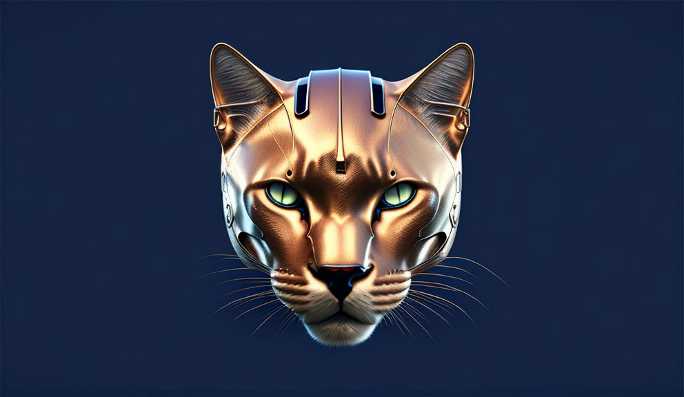 Futuristic metallic feline face with blue visor in 3D art