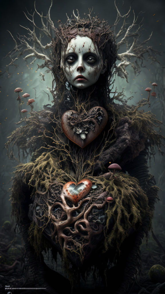 Mysterious forest creature with heart motif and black eyes in misty setting