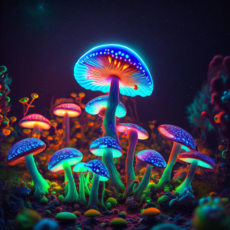 Colorful luminescent mushrooms in whimsical forest setting.