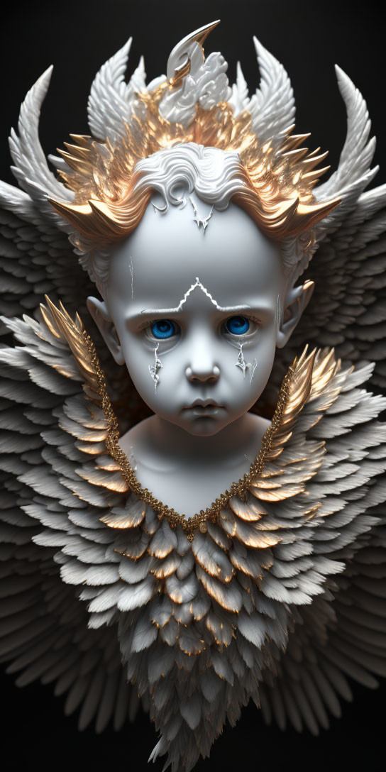 Intricate 3D angelic child bust with white and gold wings