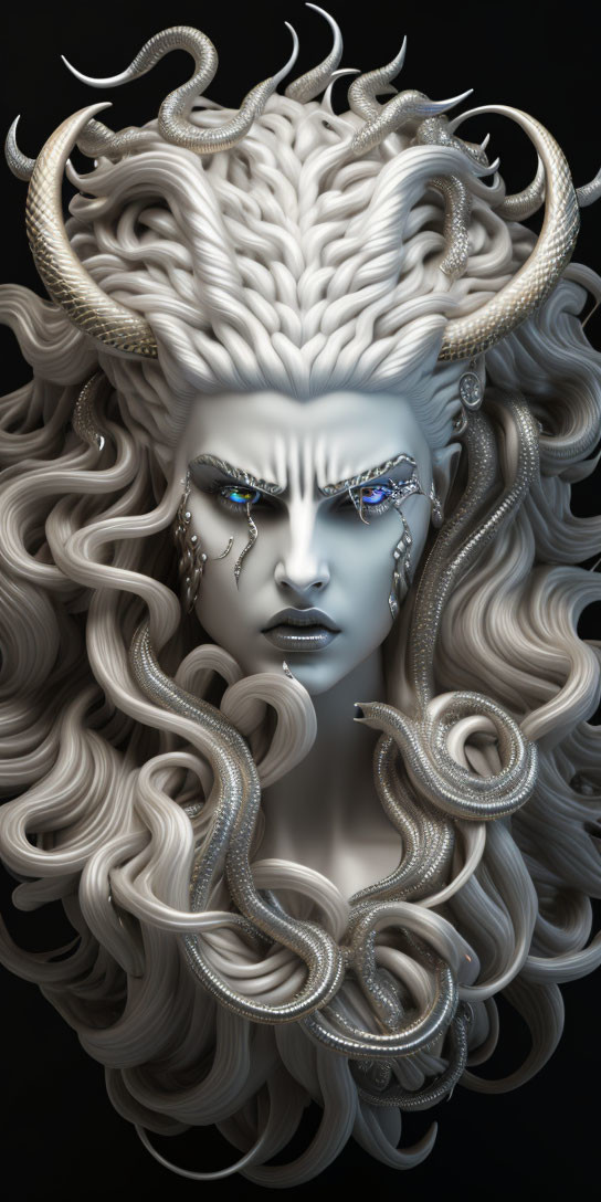 Fantasy creature with pale skin, horn-like curls, blue eyes, and serpentine elements in