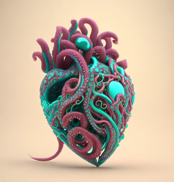 Colorful Heart Entangled with Pink and Turquoise Tentacles