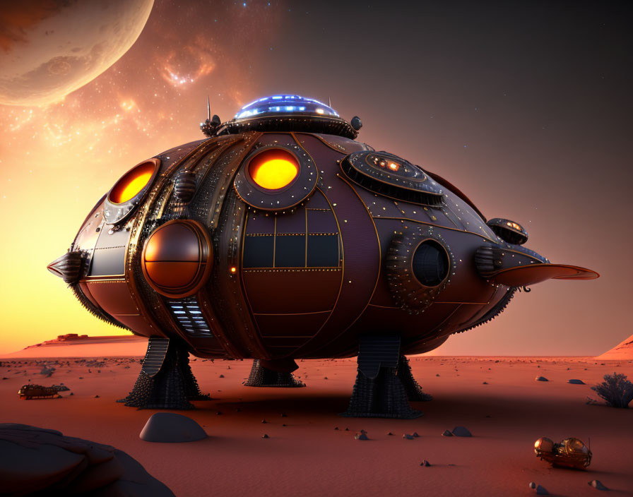 Futuristic steampunk-style spaceship on desert planet with large moon