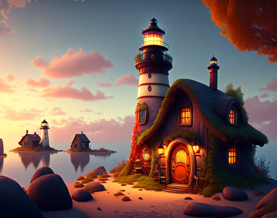 Lighthouse and cottage merge in whimsical sunset scene