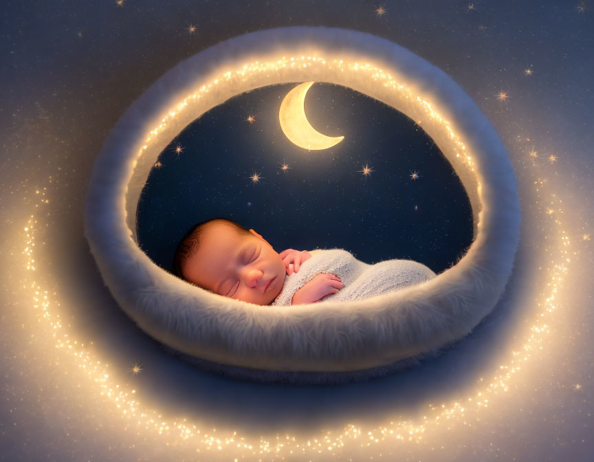 Newborn sleeping in crescent-shaped bed under starry night sky