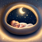 Newborn sleeping in crescent-shaped bed under starry night sky