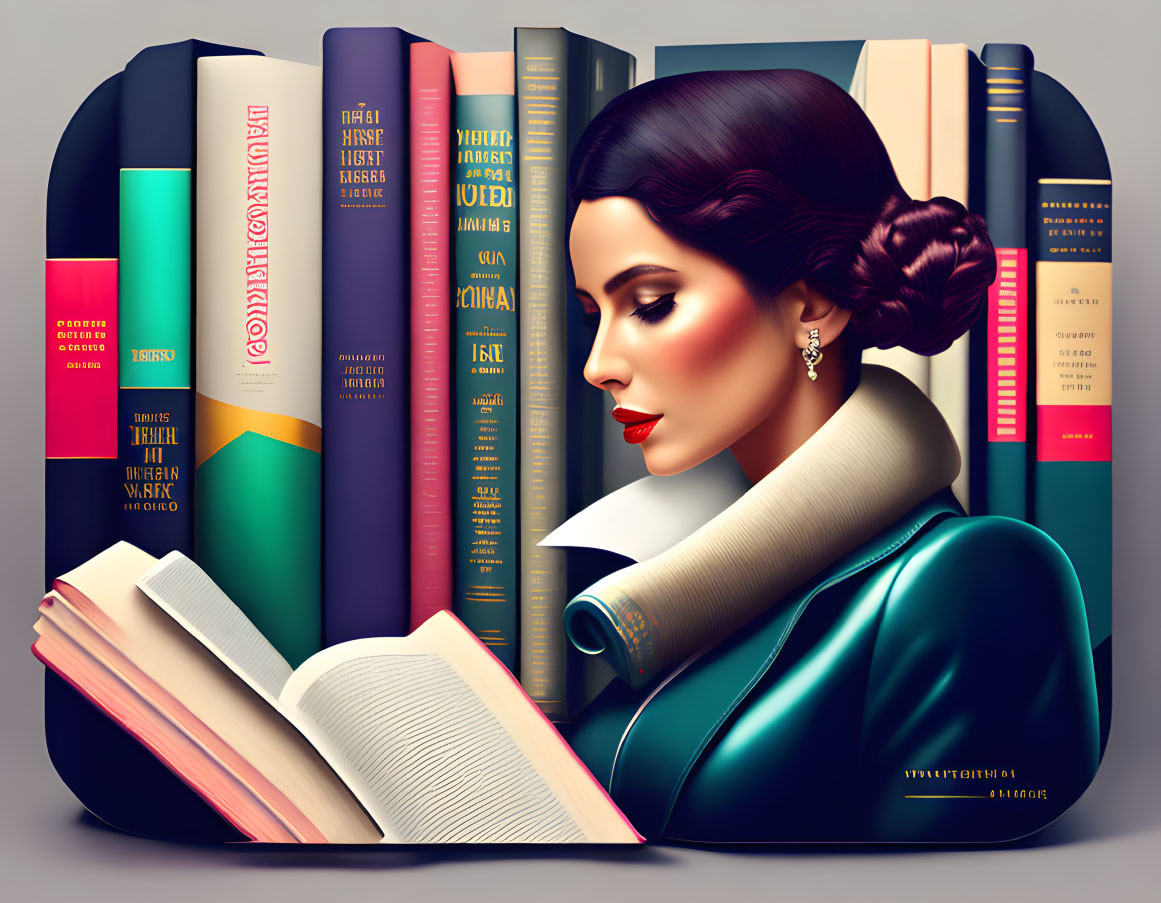 Illustration of woman reading book surrounded by colorful spined books