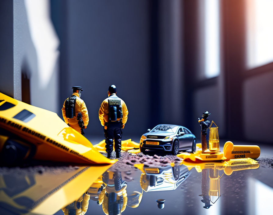 Detailed miniature police scene with crashed yellow car, officers, caution tape, and crime scene markers under dramatic