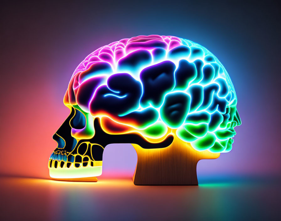 Colorful Brain Illustration in Transparent Skull on Gradient Background