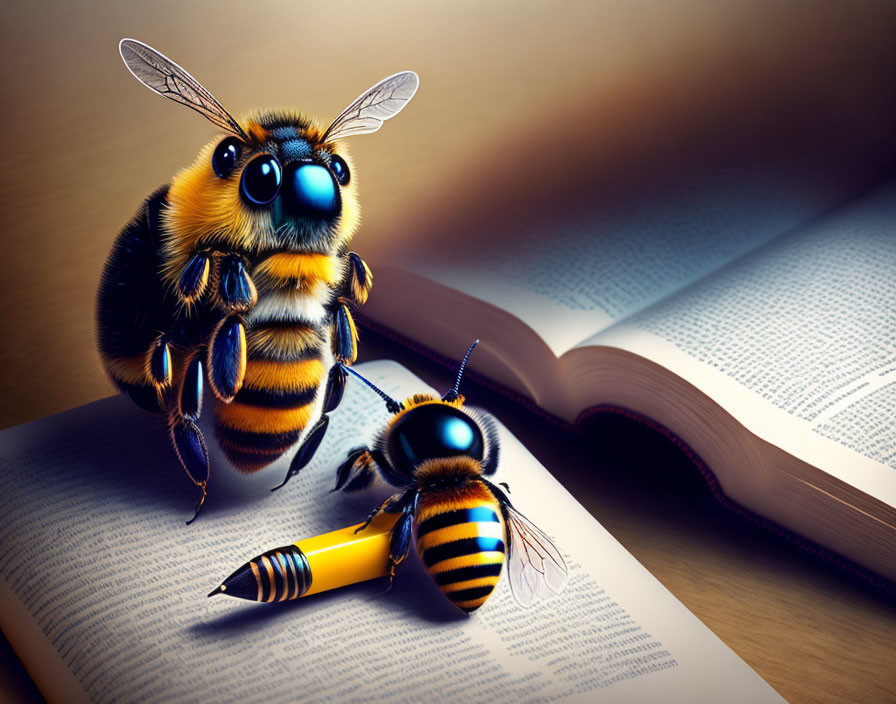 Anthropomorphic bees with pencil and book on wooden surface