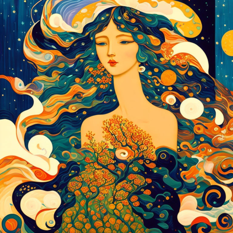 Colorful woman with flowing hair and celestial elements on starry backdrop