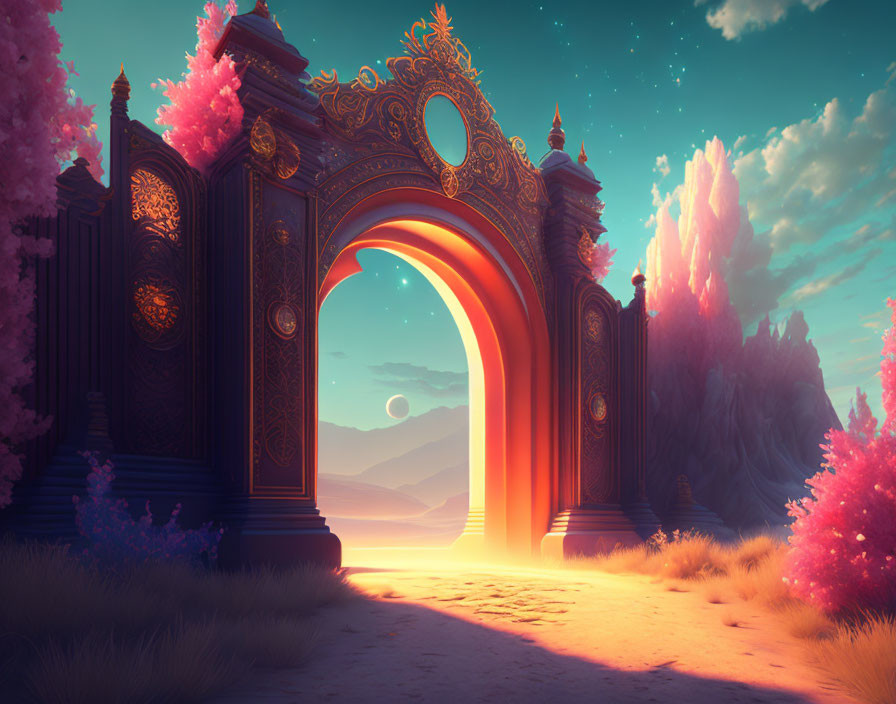 Dark archway reveals surreal pink landscape with crystal formations