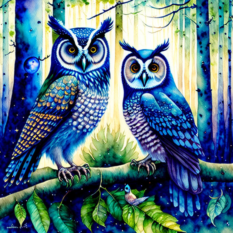 Vibrant Blue Owls with Intricate Patterns Perched in Lush Forest