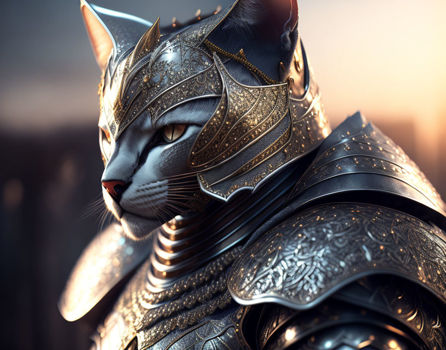 Detailed Cat in Medieval Armor Against Sunset Background