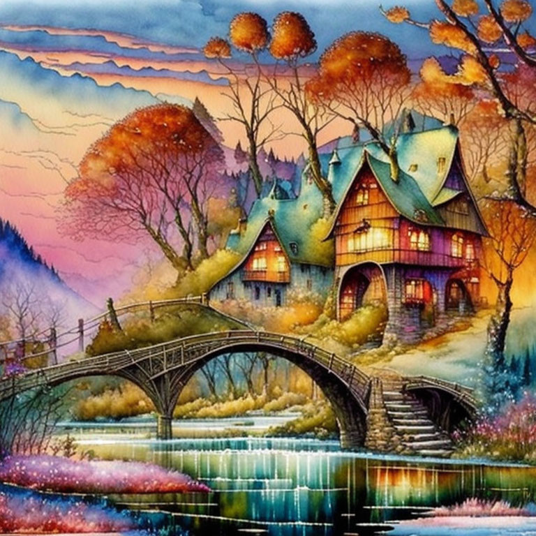 Vibrant watercolor painting of a cottage by a river at sunset