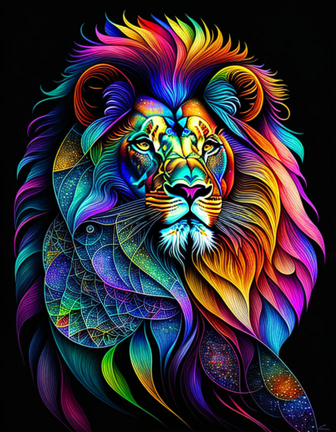 Colorful Lion Head Artwork with Geometric Patterns on Black Background