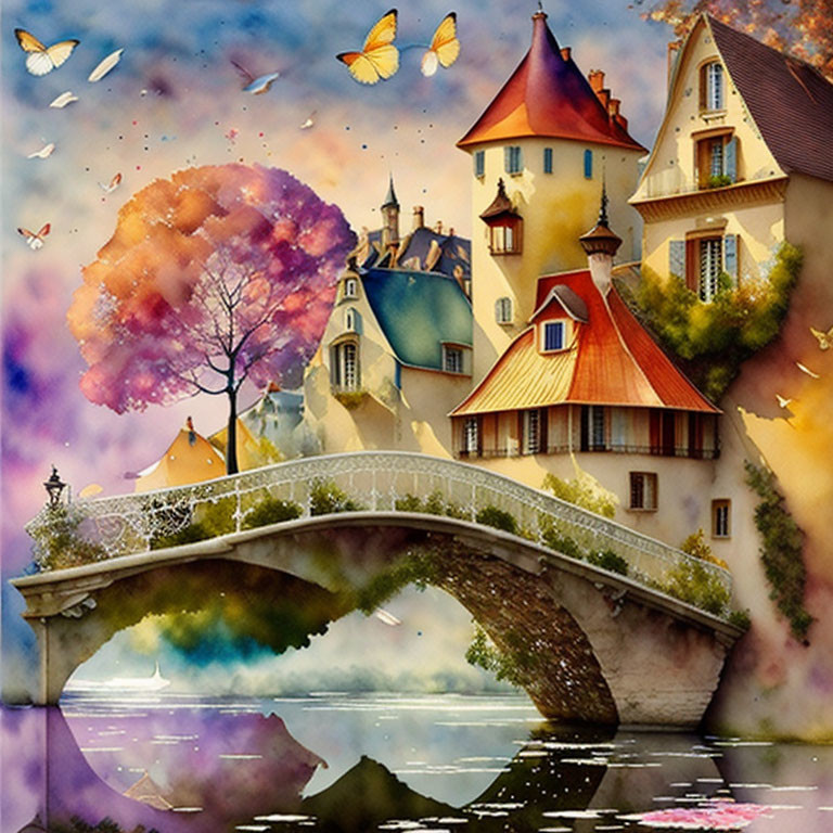 Whimsical art: vibrant houses, arched bridge, butterflies, tree-lined sky