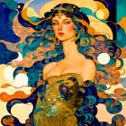 Colorful woman with flowing hair and celestial elements on starry backdrop