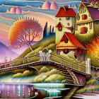 Whimsical art: vibrant houses, arched bridge, butterflies, tree-lined sky