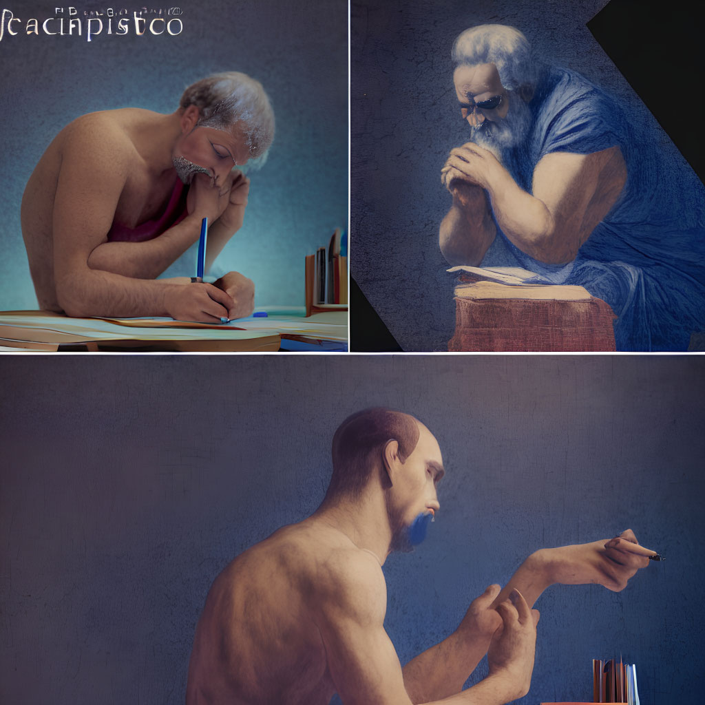 Three Renaissance-themed images of a man writing, praying, and measuring with a compass.