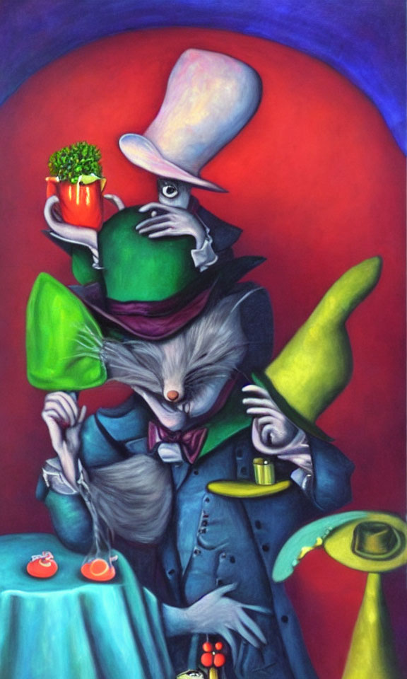 Colorful Anthropomorphic Wolf Painting with Teacup and Teapots