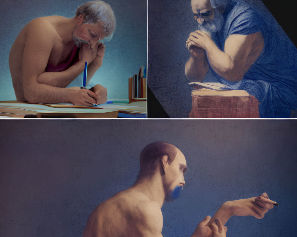 Three Renaissance-themed images of a man writing, praying, and measuring with a compass.